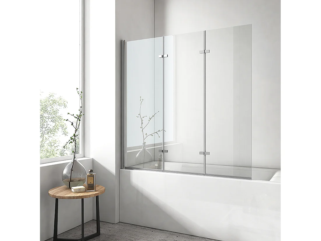 EMKE Pare de baignoire en 6 mm verre securit Paroi de douche pliable pour baignoire - 120 x 140 cm - Revêtement Nano facile à nettoyer Modèle 2