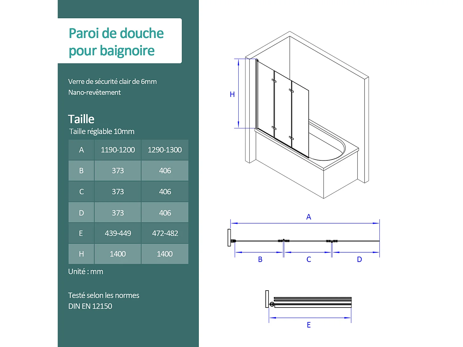 EMKE Schermo da bagno in vetro di sicurezza da 6 mm Schermo doccia pieghevole per vasca da bagno - 130 x 140 cm - Rivestimento nano facile da pulire
