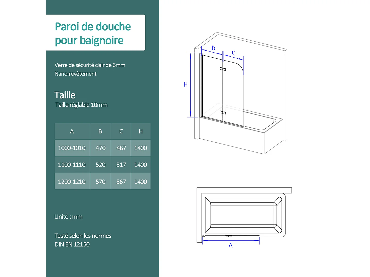 EMKE Badkuip Douchescherm 110×140 cm – 6 mm veiligheidsglas, inklapbaar, nano coating, makkelijk schoon te maken
