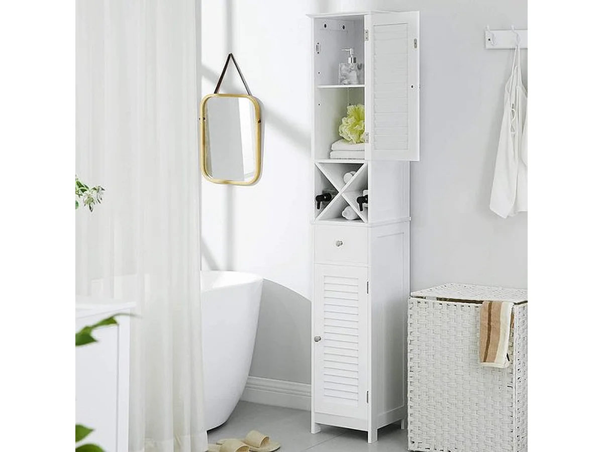 Payra home badkamermeubel, hoge kast met 2 lamellen deuren en lade wit