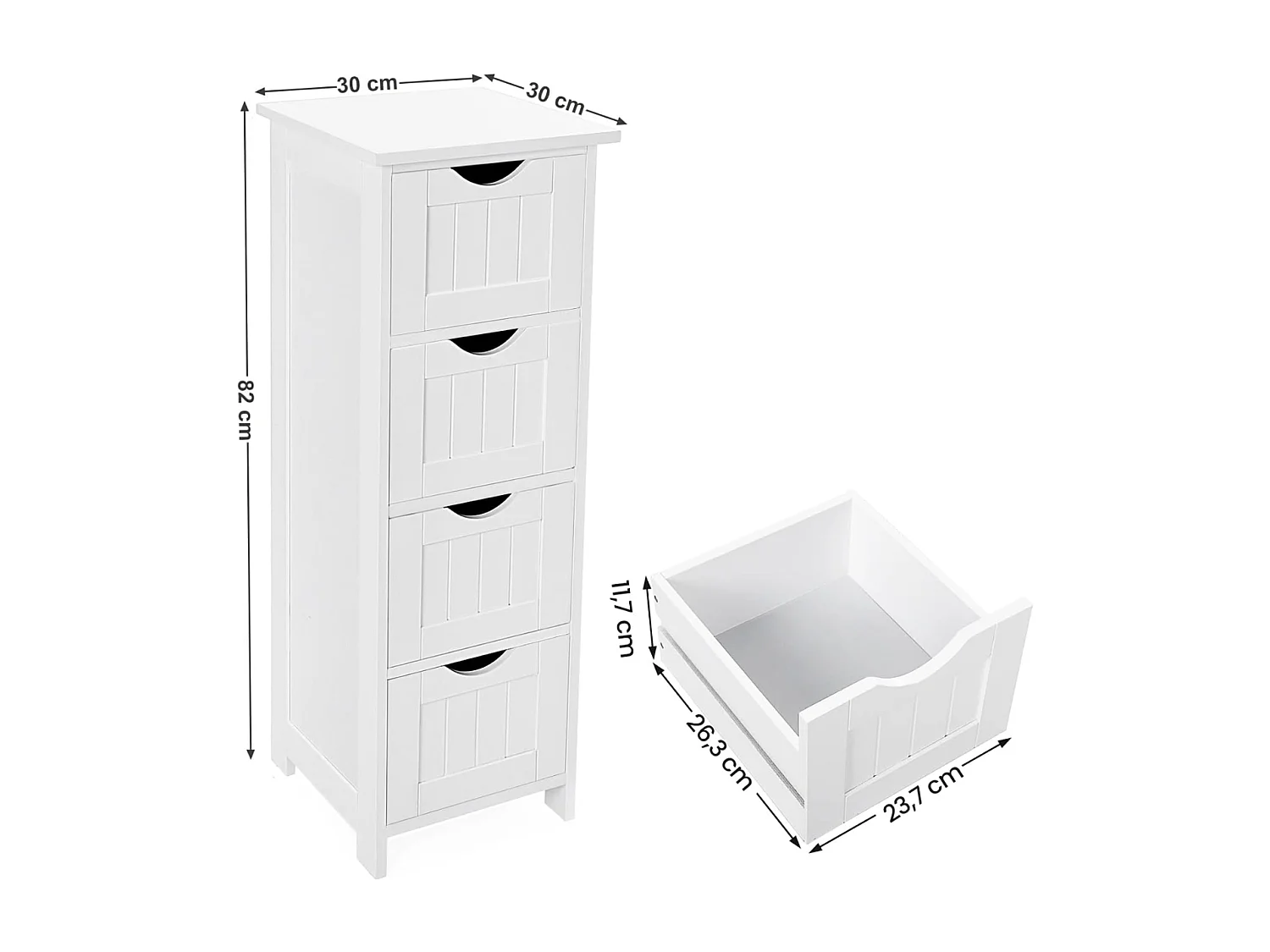 Parya Home Commode - Commode étroite - Meuble de salle de bain - avec 4 tiroirs - Bois - Blanc - 30 x 82 x 30 cm