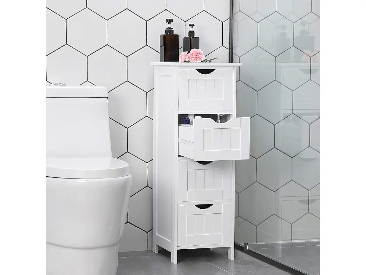 Parya Home Commode - Commode étroite - Meuble de salle de bain - avec 4 tiroirs - Bois - Blanc - 30 x 82 x 30 cm