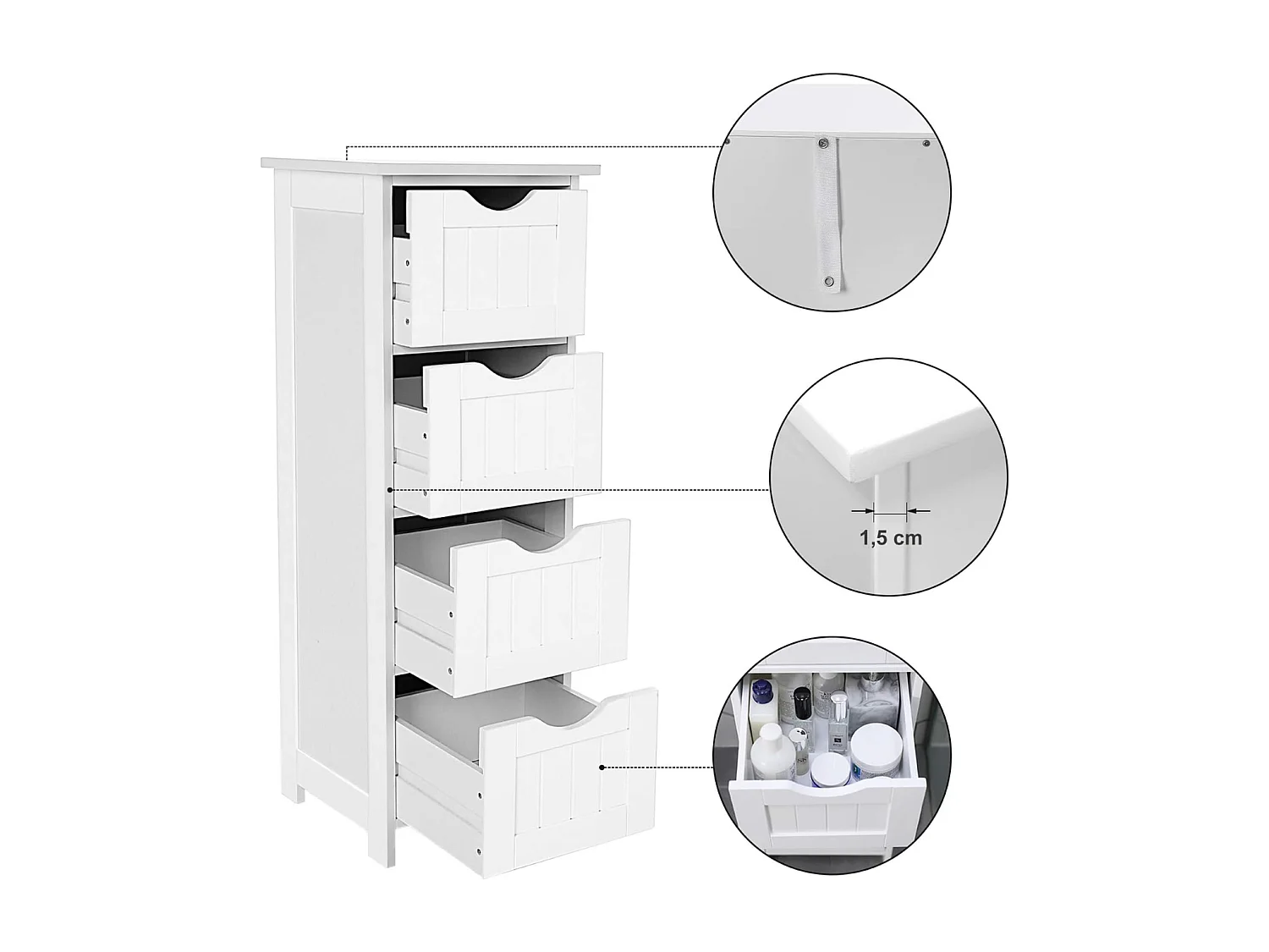 Parya Home Ladekast – Smalle Ladekast – Badkamermeubel – met 4 Lades – Hout – Wit – 30 x 82 x 30 cm