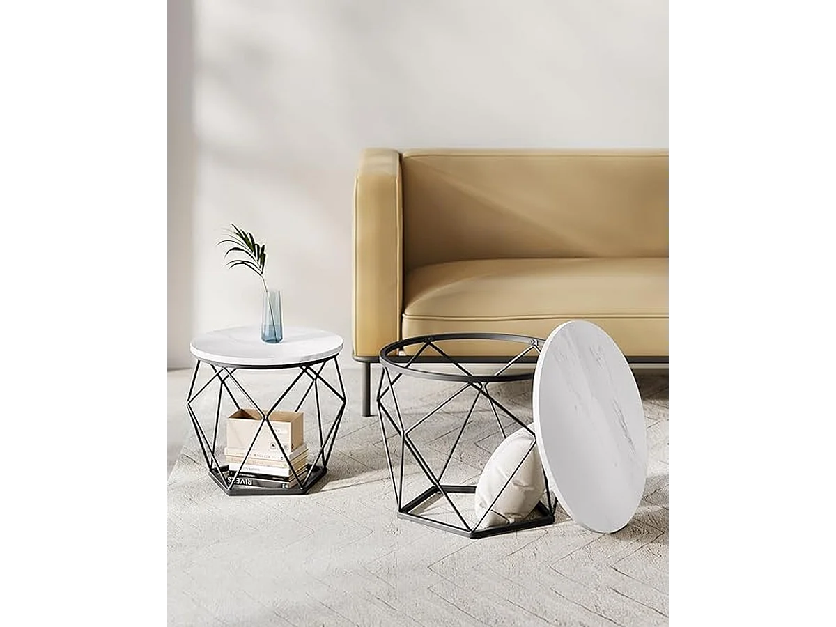 Parya Home Ronde salontafels, set van 2 bijzettafels, afneembaar tafelblad, wit en zwart,