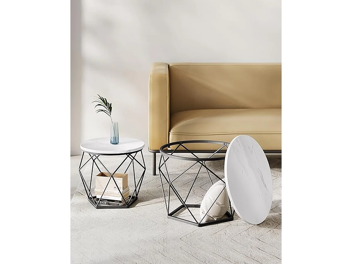 Parya Home Tables basses rondes, set de 2 tables d'appoint, plateau amovible, blanc et noir,