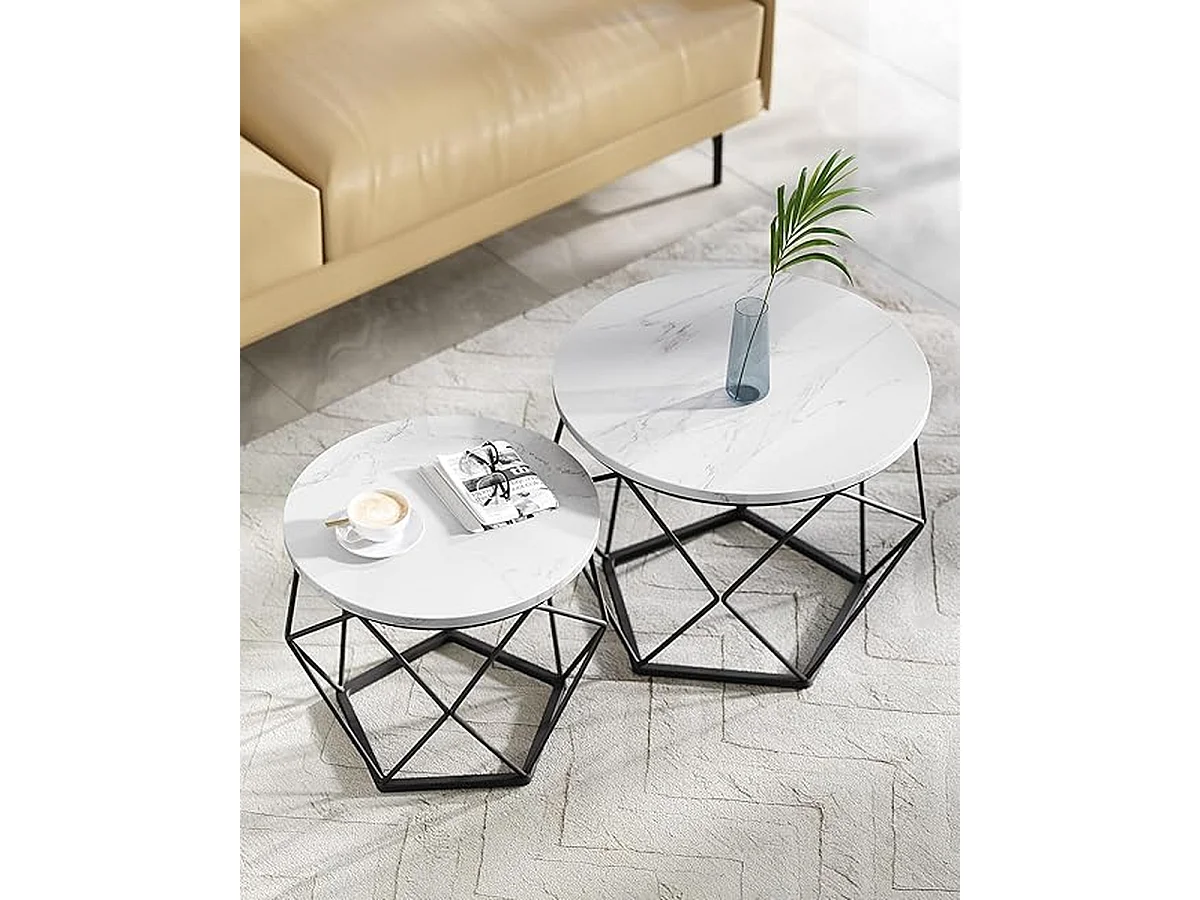 Parya Home Tables basses rondes, set de 2 tables d'appoint, plateau amovible, blanc et noir,