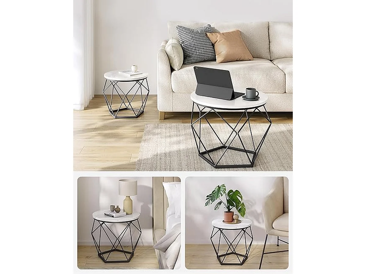 Parya Home Tables basses rondes, set de 2 tables d'appoint, plateau amovible, blanc et noir,