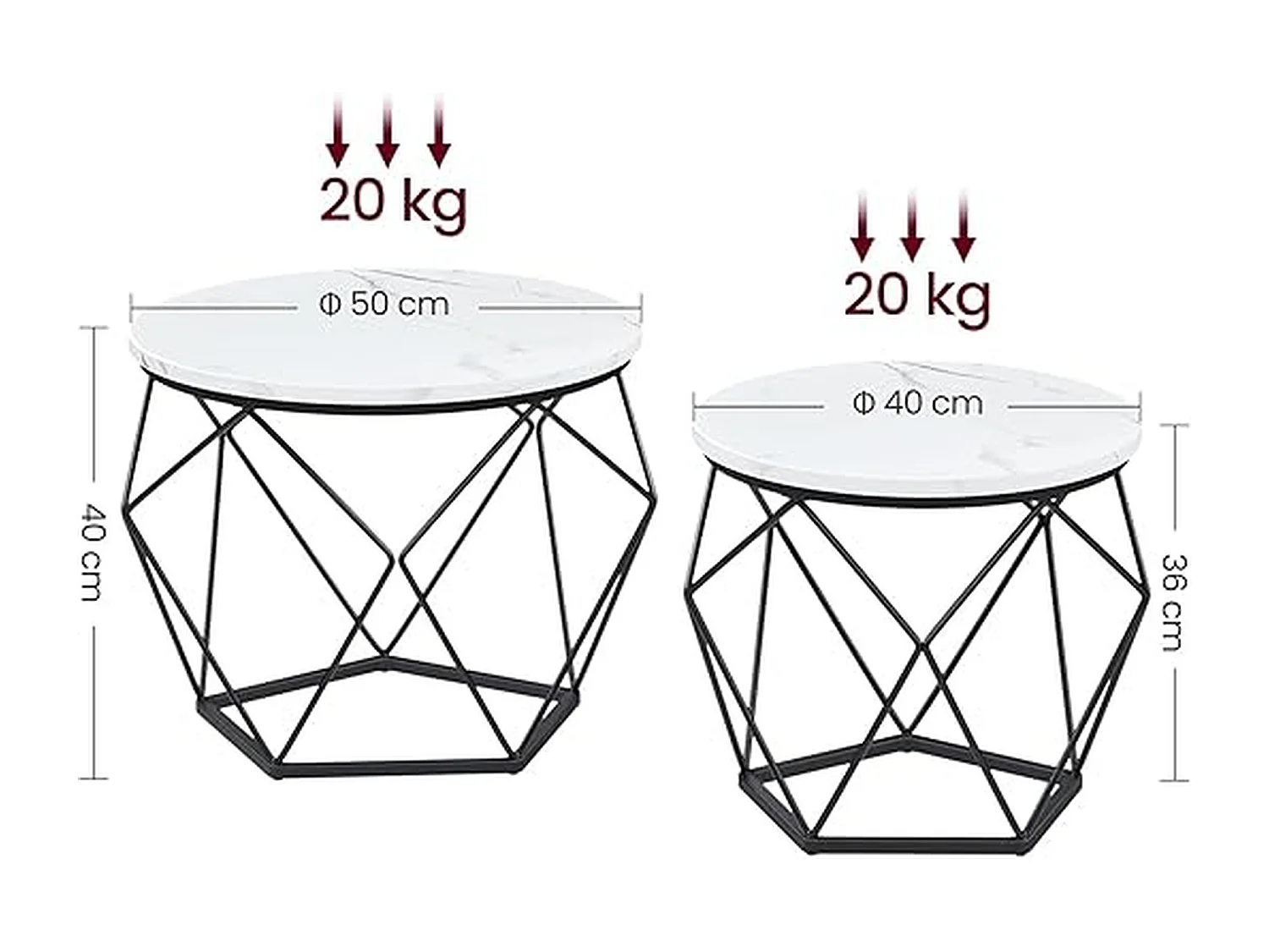 Parya Home Tables basses rondes, set de 2 tables d'appoint, plateau amovible, blanc et noir,