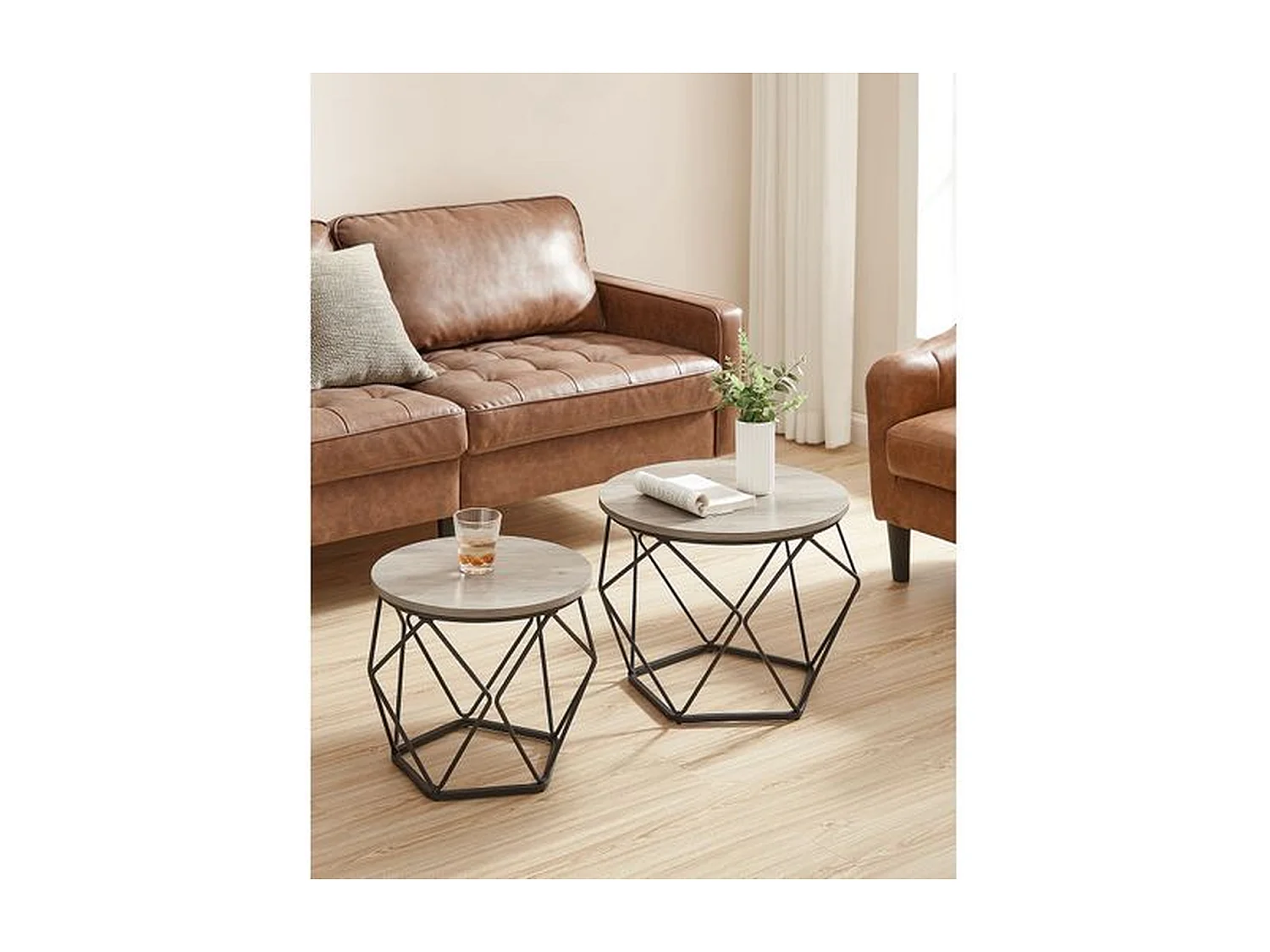 Parya Home Table d'appoint, set de 2, table basse, table de canapé avec fonction panier, gris-noir