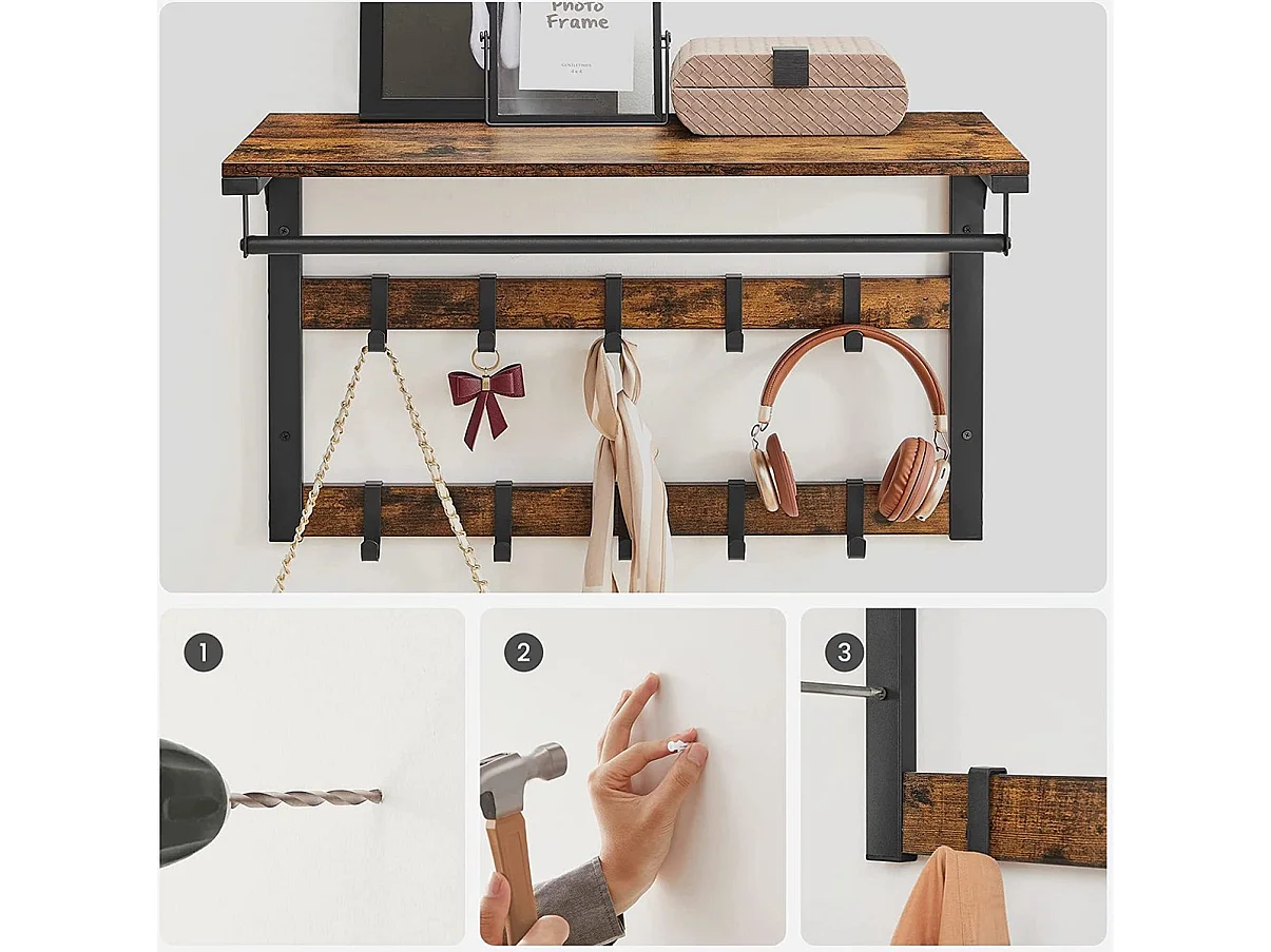 Parya Home porte-manteau mural, étagère murale avec 10 crochets amovibles