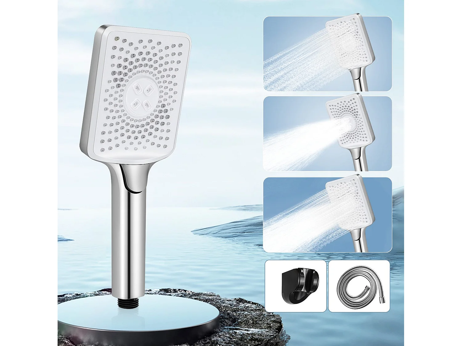 Ducha de mano ahorradora de agua con níquel NETTLIFE y 3 rociadores cuadrados