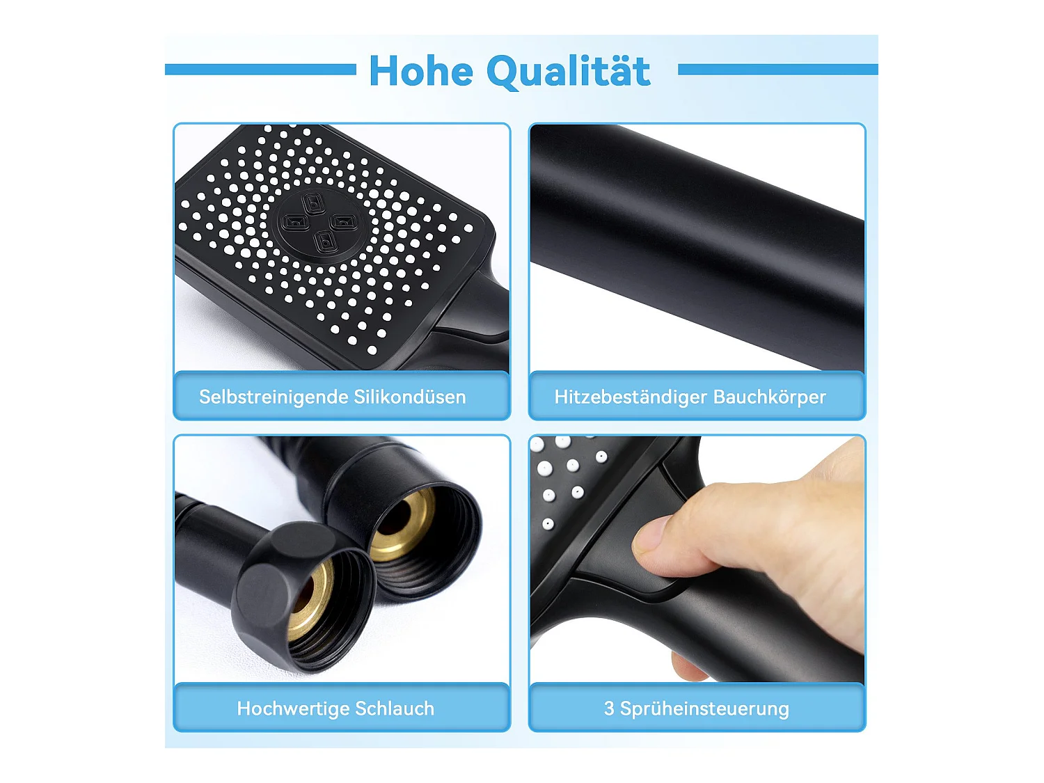 NETTLIFE Douchette à main noire douchette à économie d'eau avec 3 jets de forme carrée