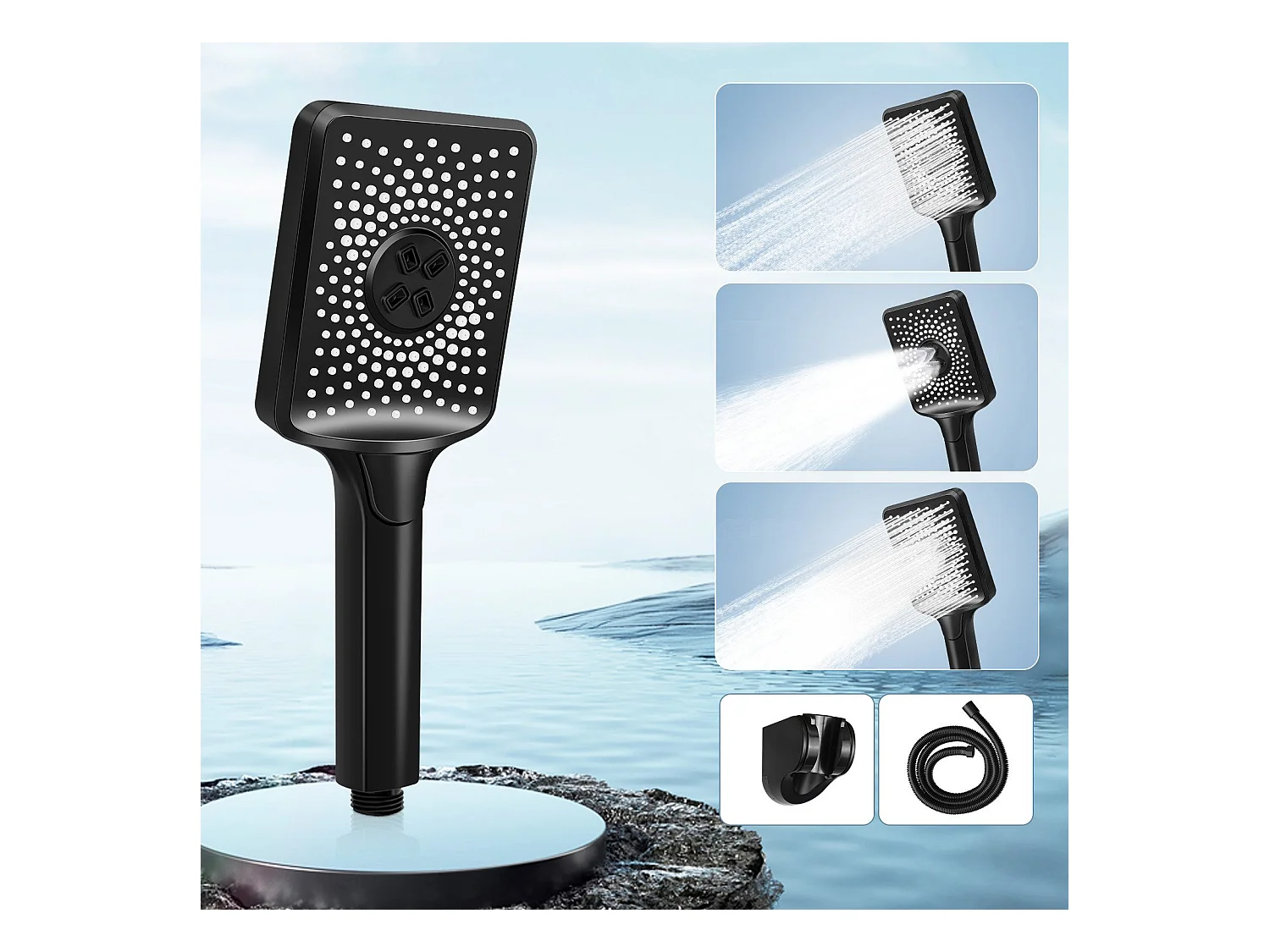 NETTLIFE Douchette à main noire douchette à économie d'eau avec 3 jets de forme carrée