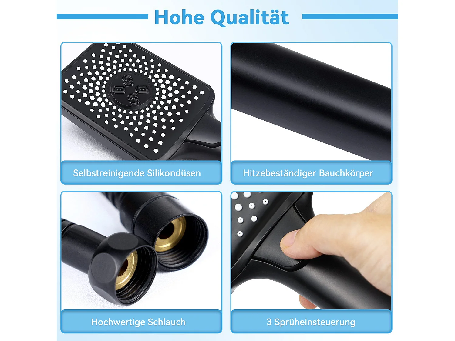 NETTLIFE Douchette à main noire douchette à économie d'eau avec 3 jets de forme carrée