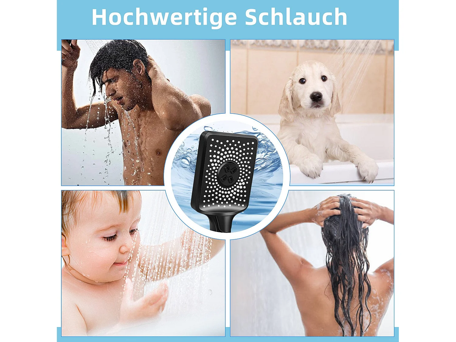 NETTLIFE Douchette à main noire douchette à économie d'eau avec 3 jets de forme carrée