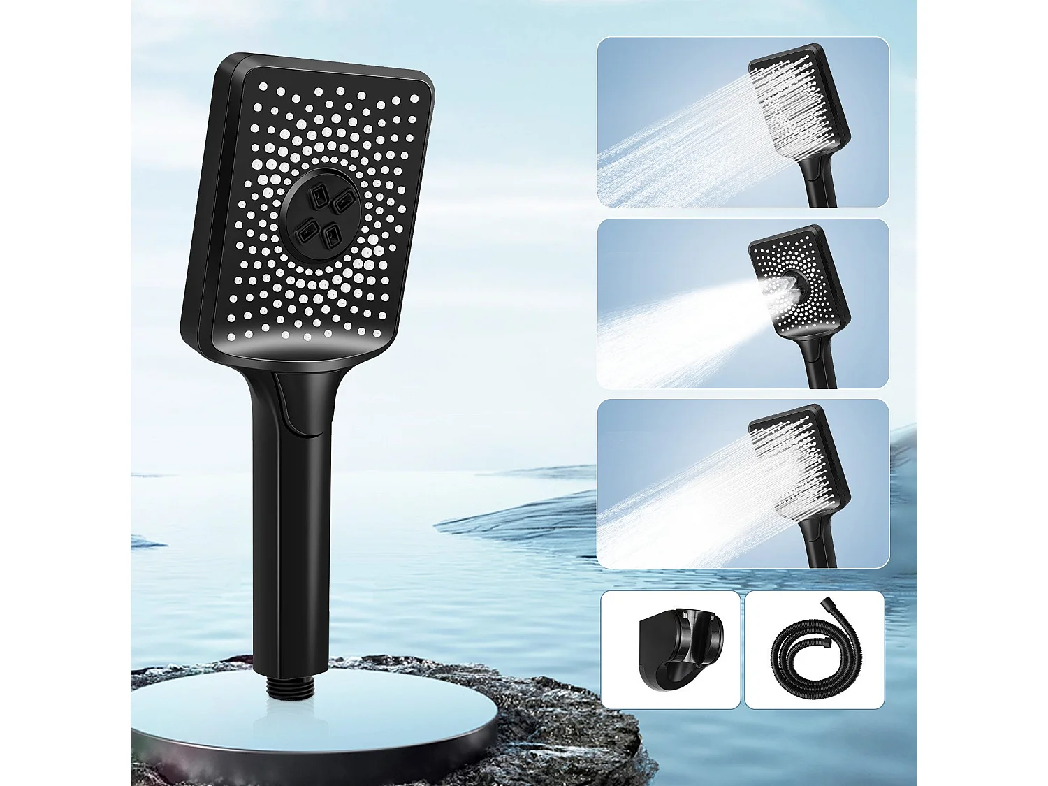 NETTLIFE Douchette à main noire douchette à économie d'eau avec 3 jets de forme carrée