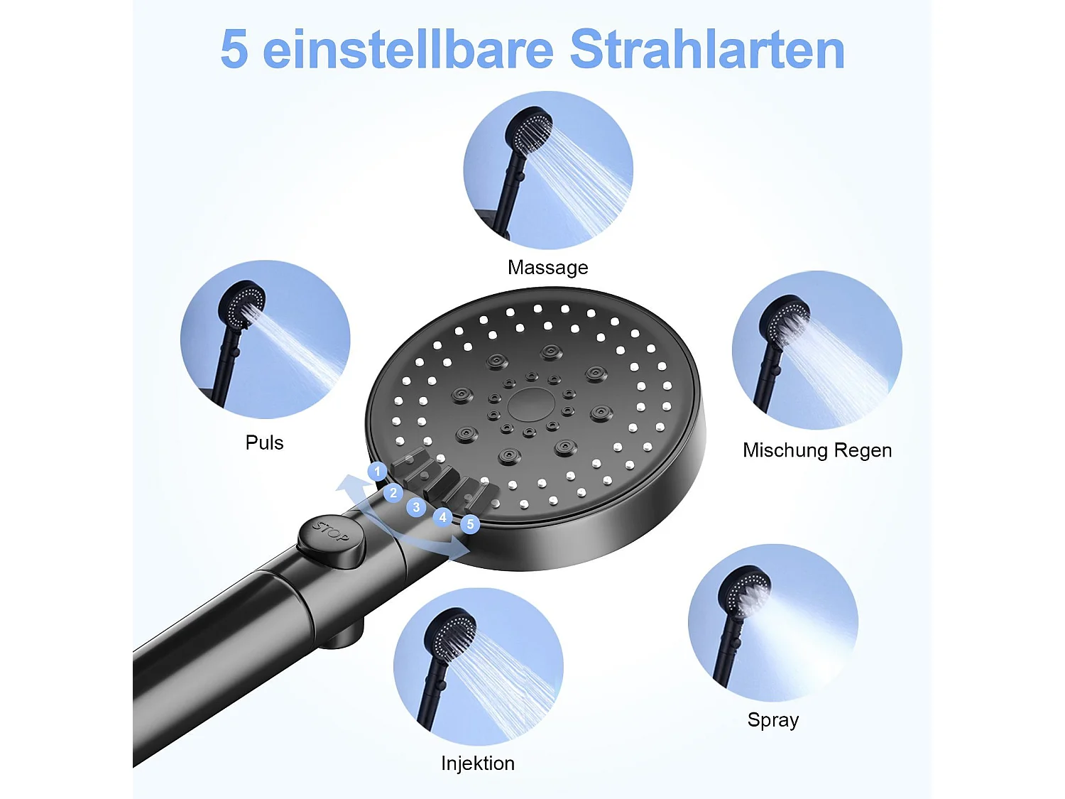 NETTLIFE Douchette à main Handburase 5 types de jets stop eau avec flexible noir