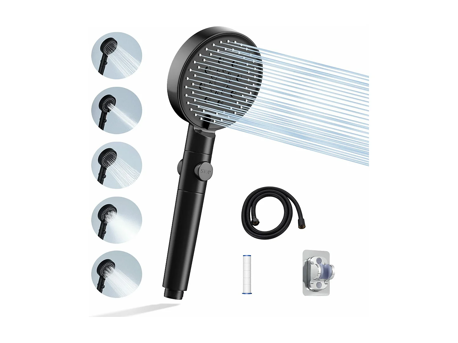 NETTLIFE Douchette à main Handburase 5 types de jets stop eau avec flexible noir