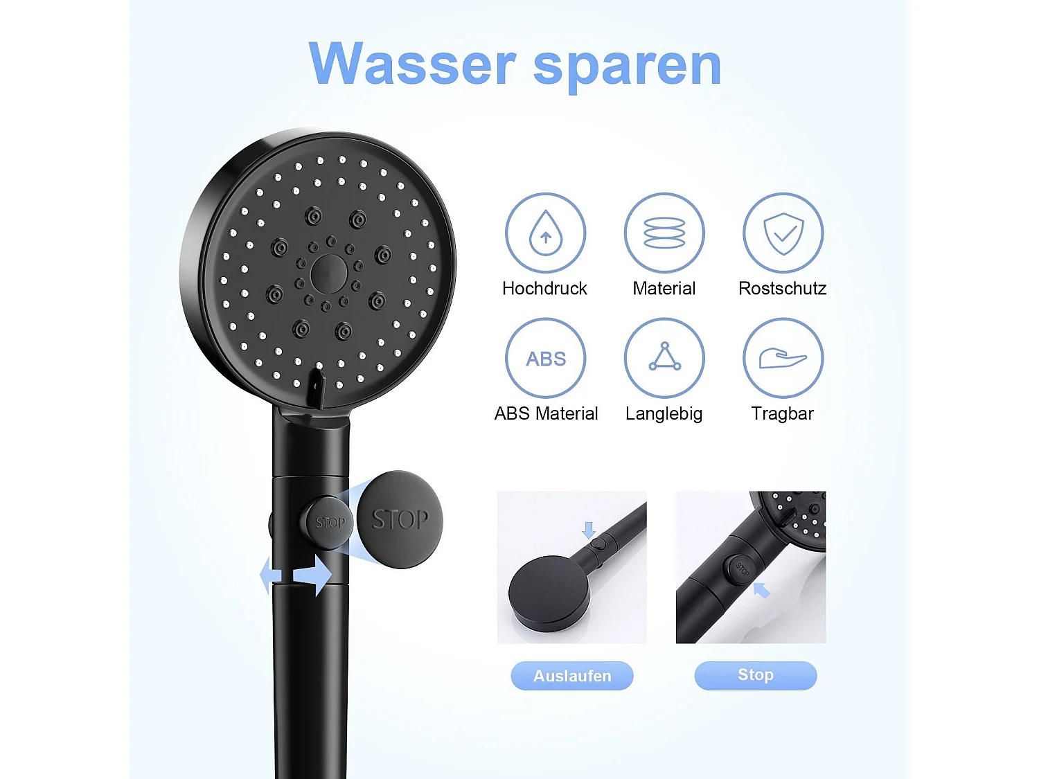 NETTLIFE Douchette à main Handburase 5 types de jets stop eau avec flexible noir