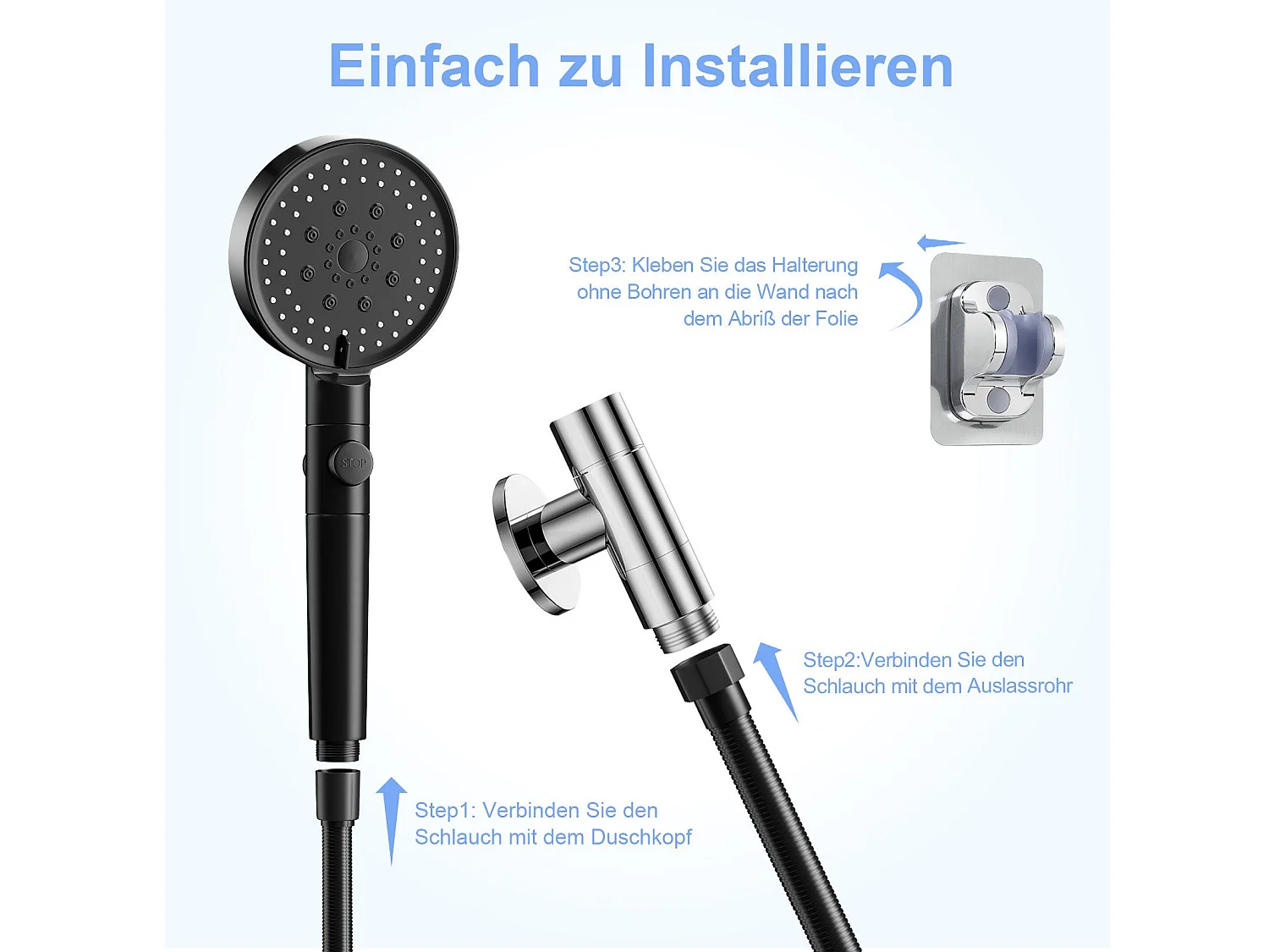 NETTLIFE Douchette à main Handburase 5 types de jets stop eau avec flexible noir