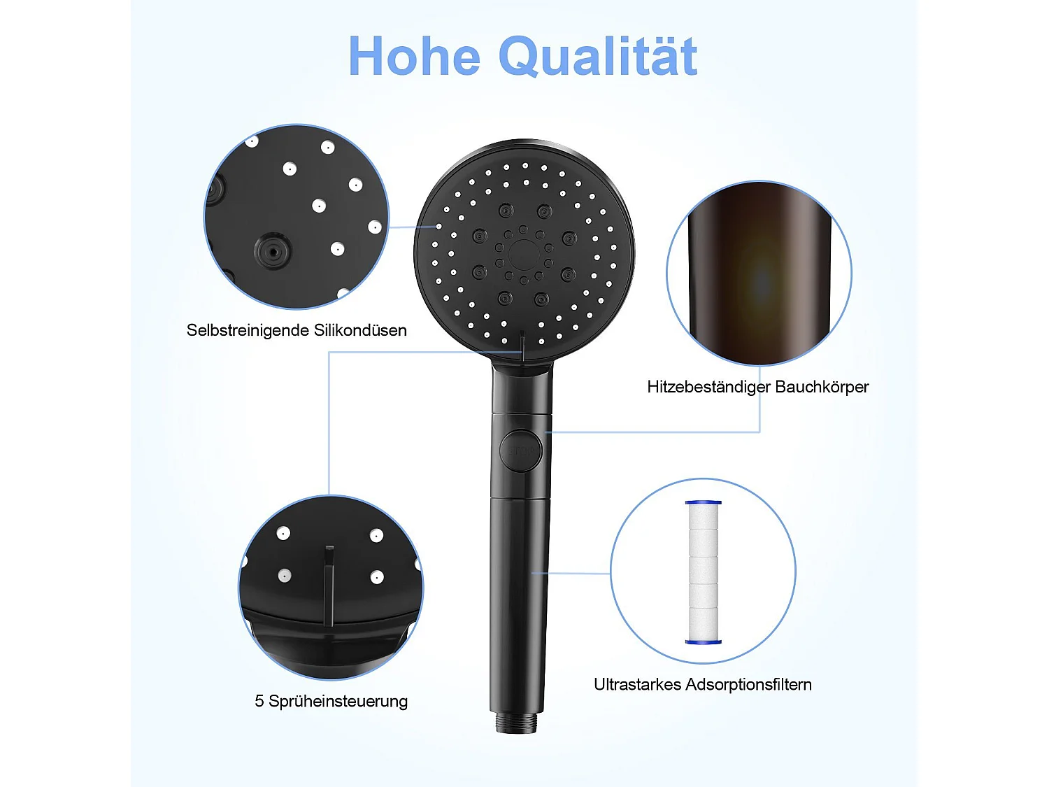 NETTLIFE Douchette à main Handburase 5 types de jets stop eau avec flexible noir