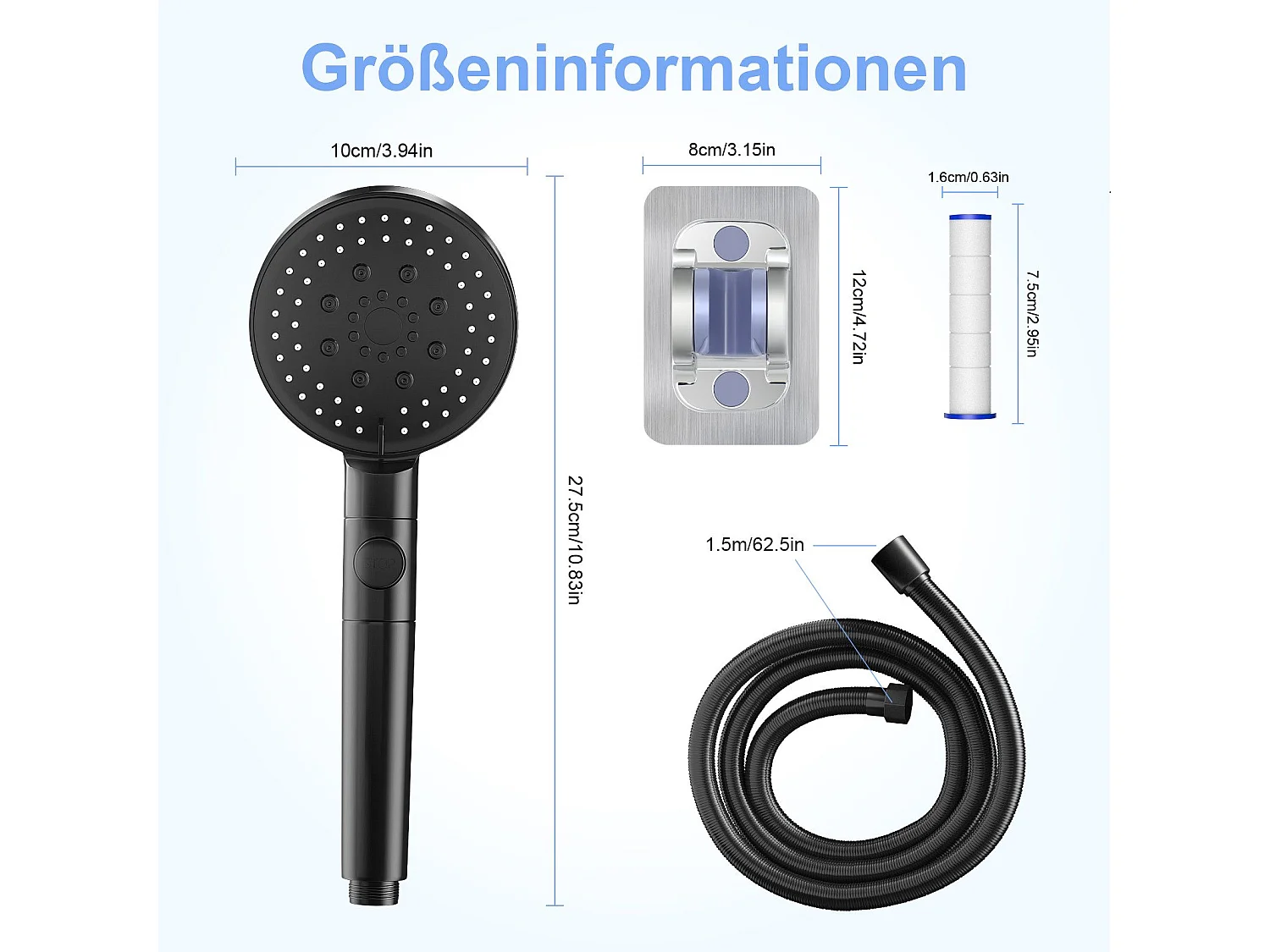 NETTLIFE Douchette à main Handburase 5 types de jets stop eau avec flexible noir