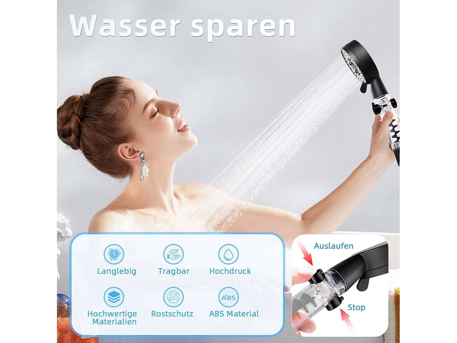 NETTLIFE Schwarze, runde, wassersparende Handbrause mit 5 Düsen