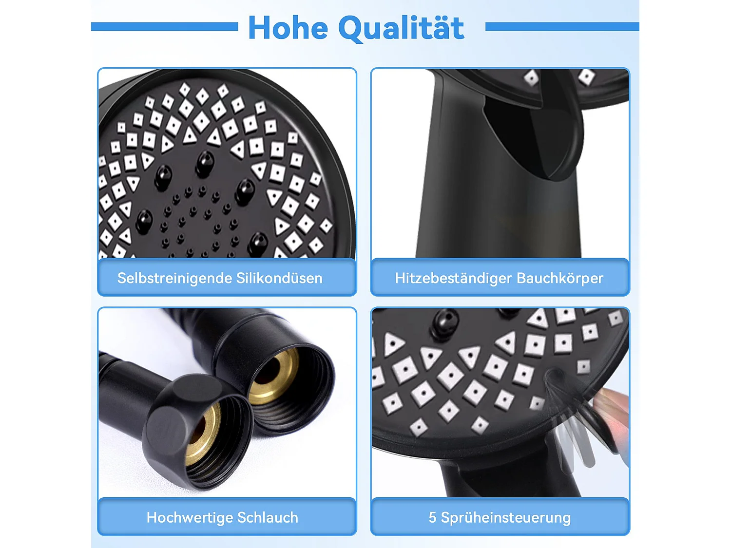 NETTLIFE Schwarze, runde, wassersparende Handbrause mit 5 Düsen