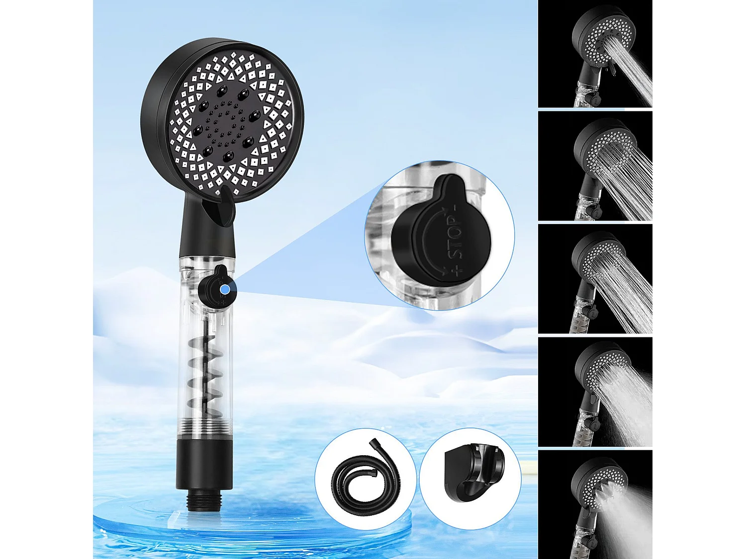 NETTLIFE Schwarze, runde, wassersparende Handbrause mit 5 Düsen