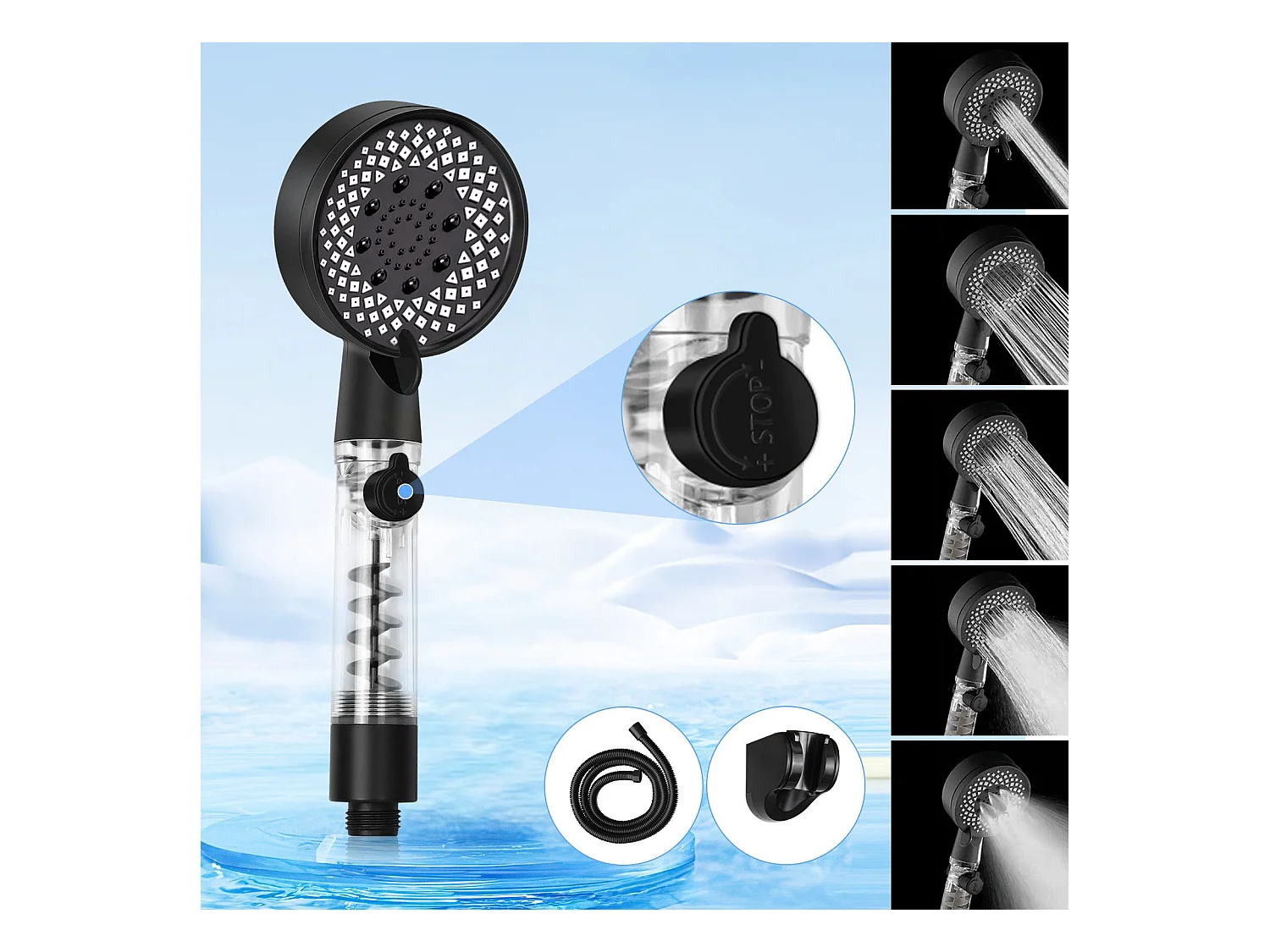 NETTLIFE Zwarte ronde waterbesparende handdouche met 5 jets