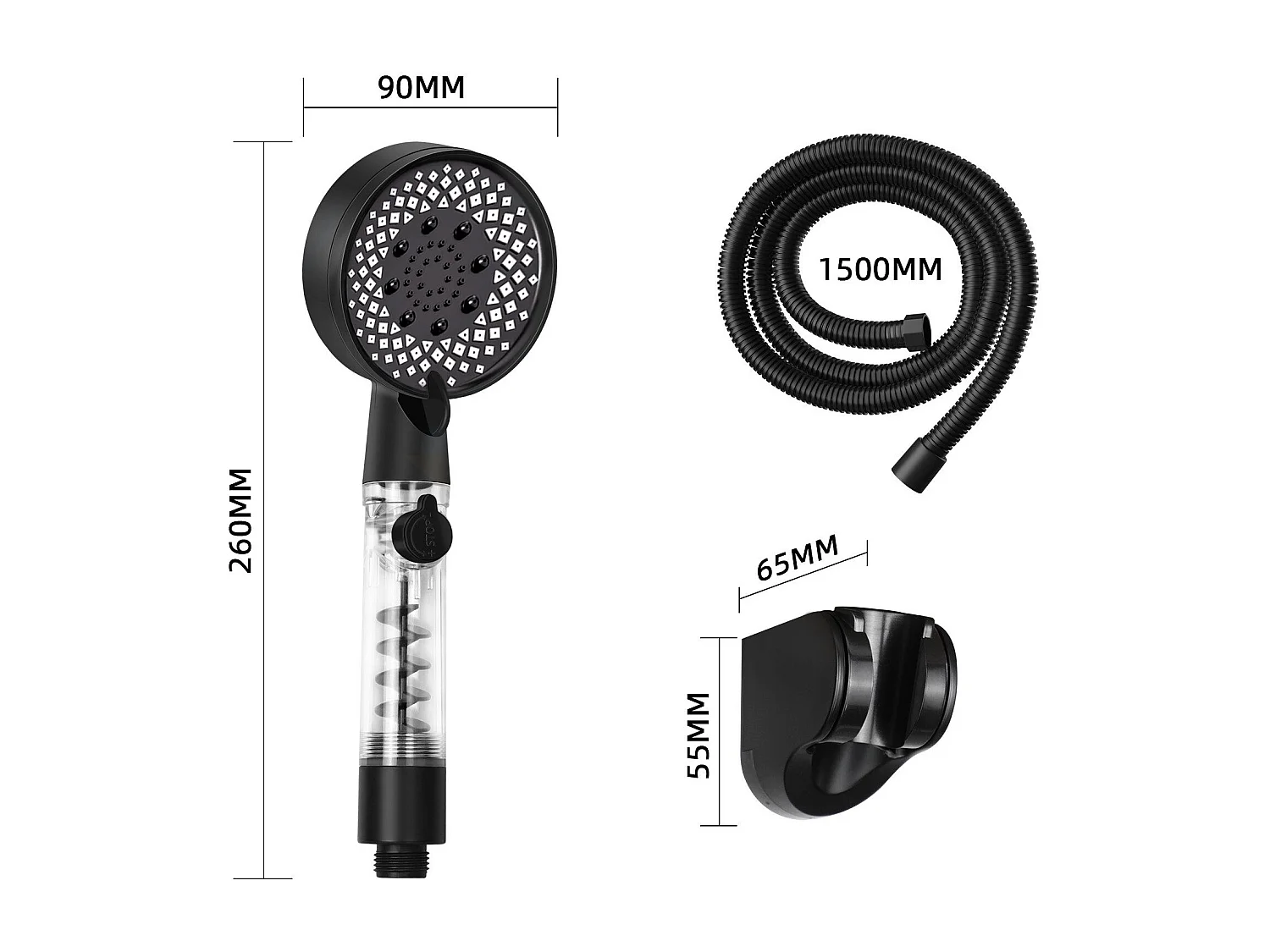 Ducha de mano NETTLIFE redonda negra ahorradora de agua con 5 chorros