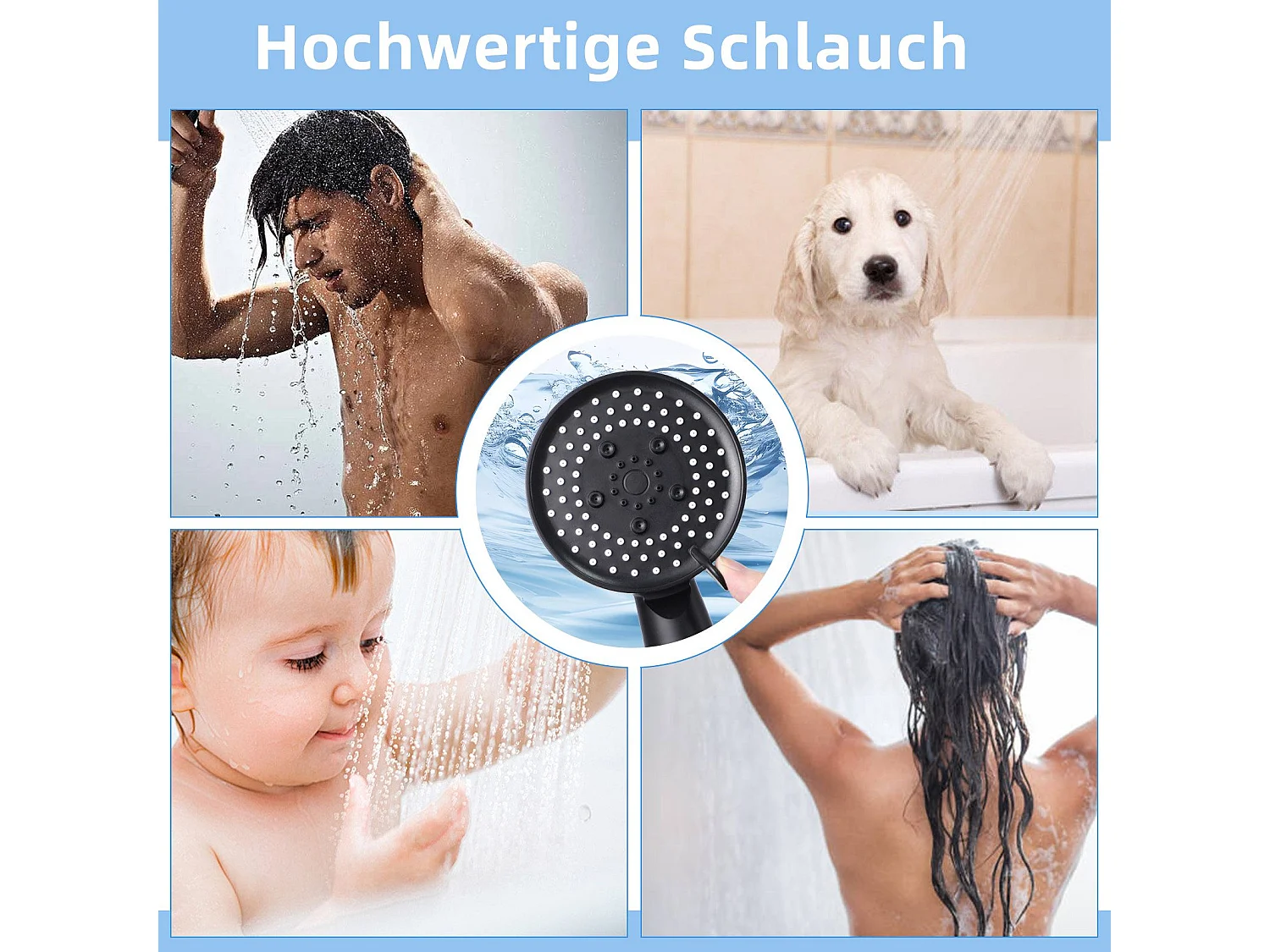 Ducha de mano NETTLIFE redonda negra ahorradora de agua con 5 chorros