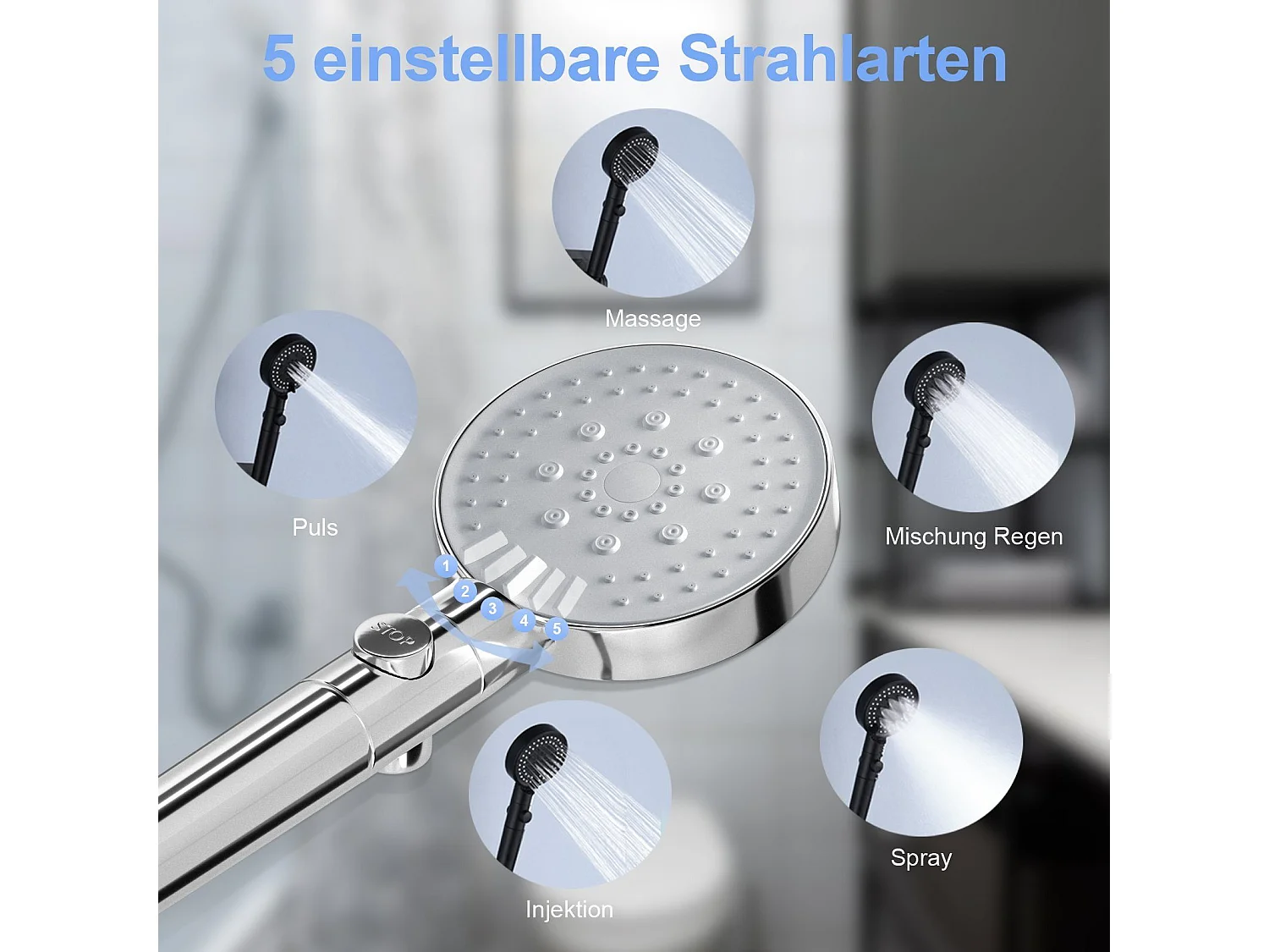 NETTLIFE Douchette à main Douchette à main 5 types de jets avec flexible, pomme de douche à économie d'eau