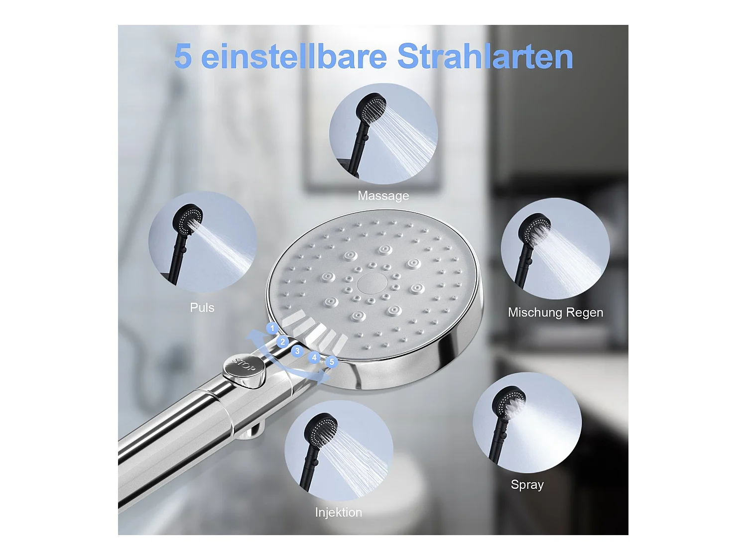 NETTLIFE Handheld Douchekop 5 Straalsoorten Handheld Douche met Slang, Waterbesparende Douchekop
