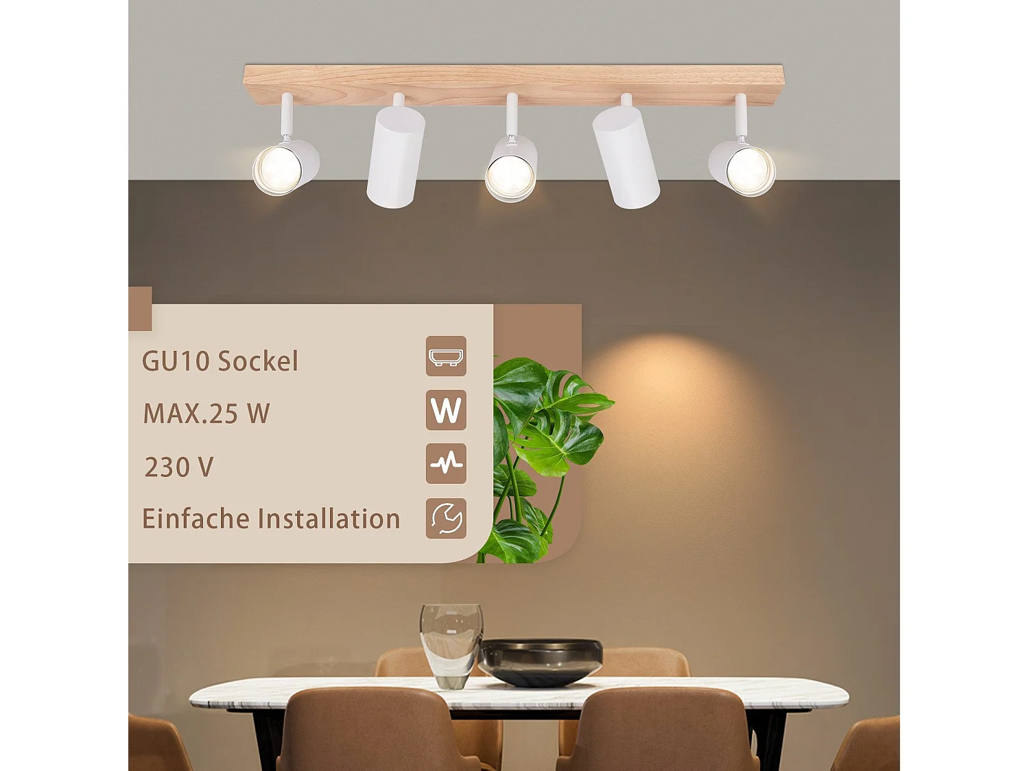 NETTLIFE Reflektor sufitowy 5 płomieni Biały Drewno Vintage GU10 Regulowany 350°