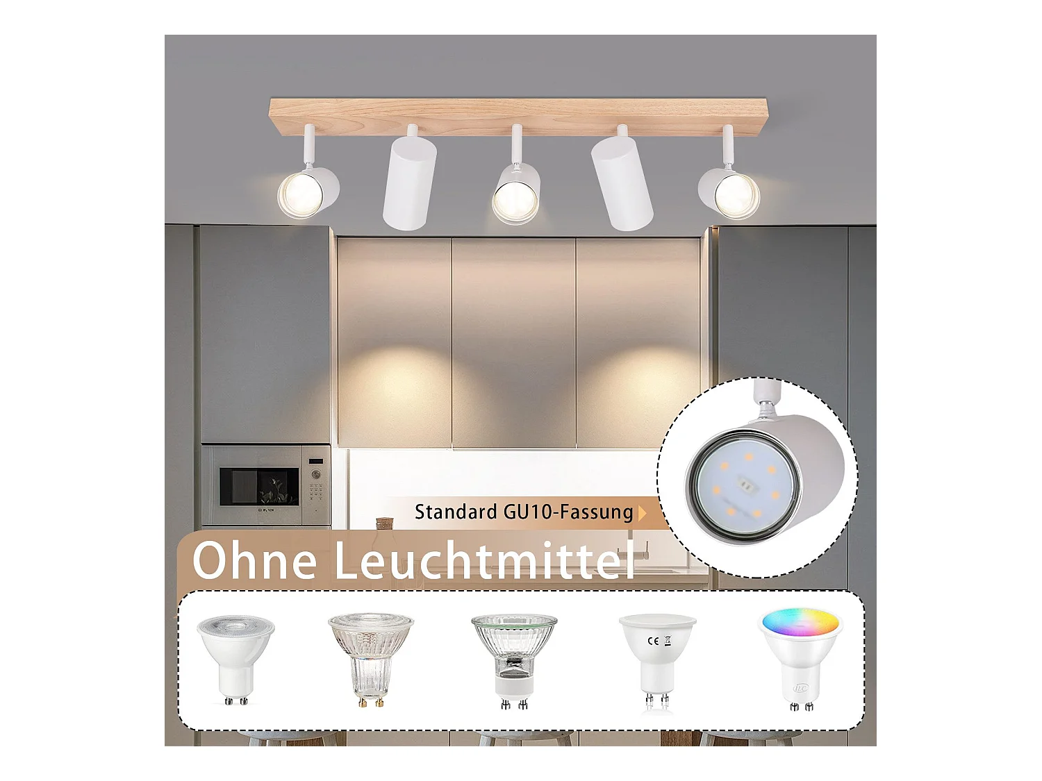 NETTLIFE Deckenstrahler 5 flammig weiß Holz Vintage GU10 schwenkbar 350°