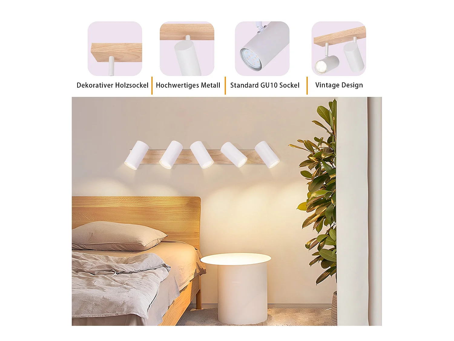 NETTLIFE Deckenstrahler 5 flammig weiß Holz Vintage GU10 schwenkbar 350°