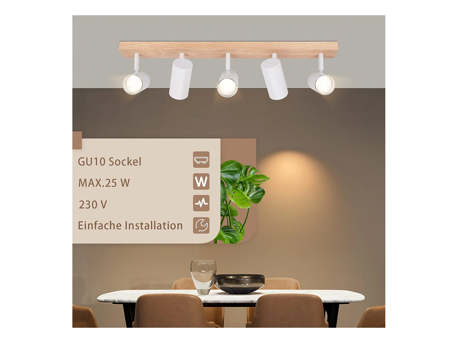 NETTLIFE Deckenstrahler 5 flammig weiß Holz Vintage GU10 schwenkbar 350°