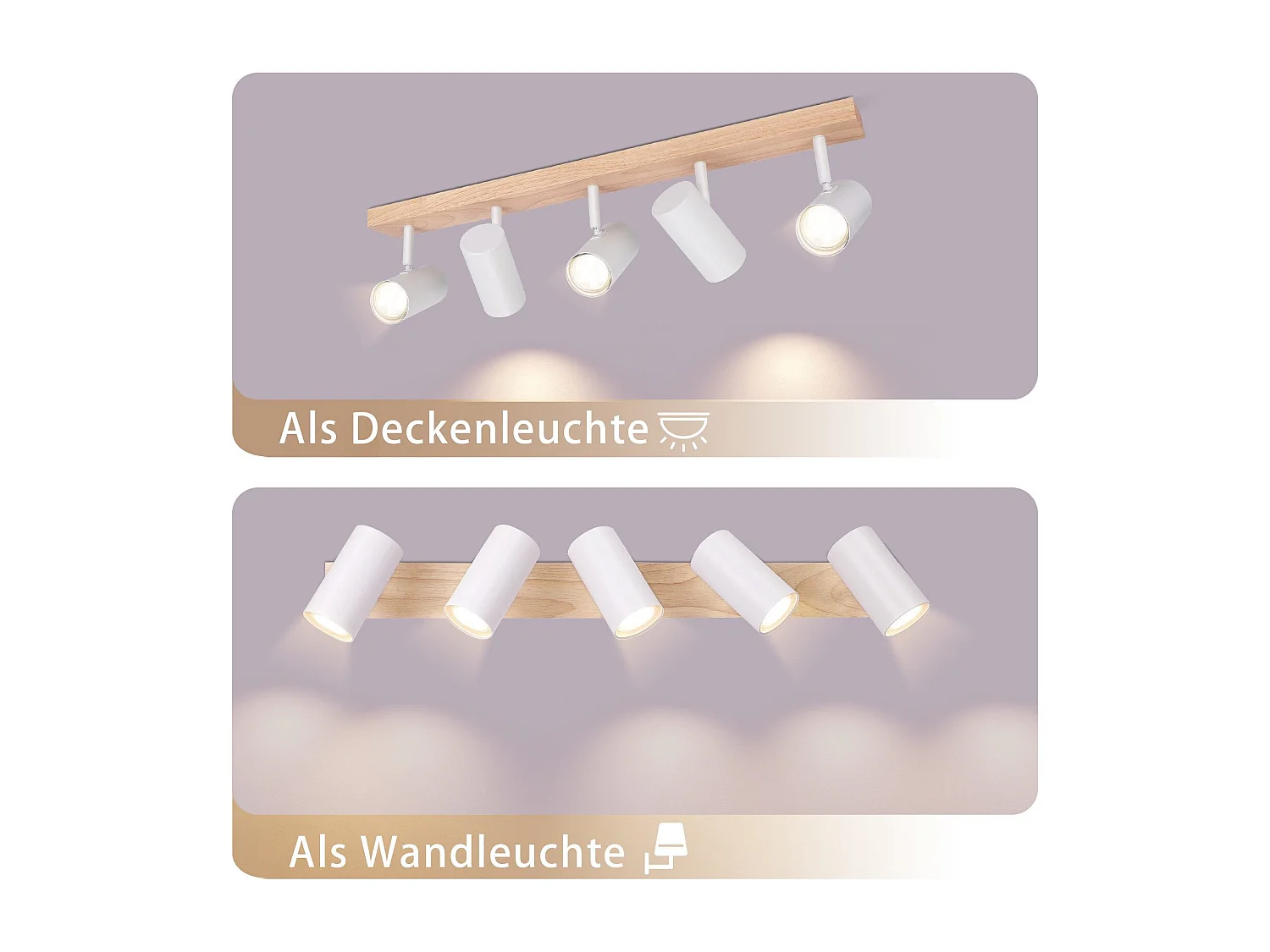 NETTLIFE Spot de Plafond 5 Flammes Bois Blanc Vintage GU10 Orientable 350°