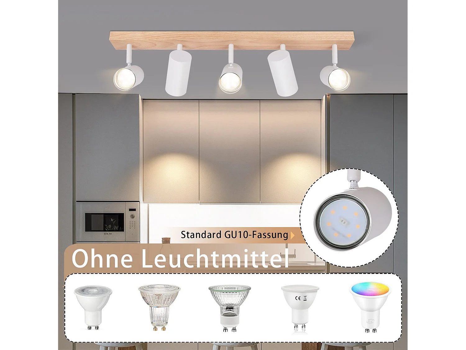 Nettlife Spot de Plafond 5 Flammes Bois Blanc Vintage GU10 Orientable 350° – Conception en bois massif – Très flexible – Utilisation multi-scènes