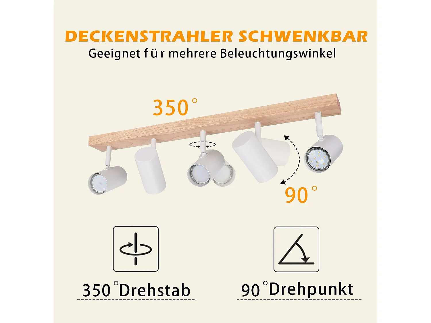 Nettlife Spot de Plafond 5 Flammes Bois Blanc Vintage GU10 Orientable 350° – Conception en bois massif – Très flexible – Utilisation multi-scènes