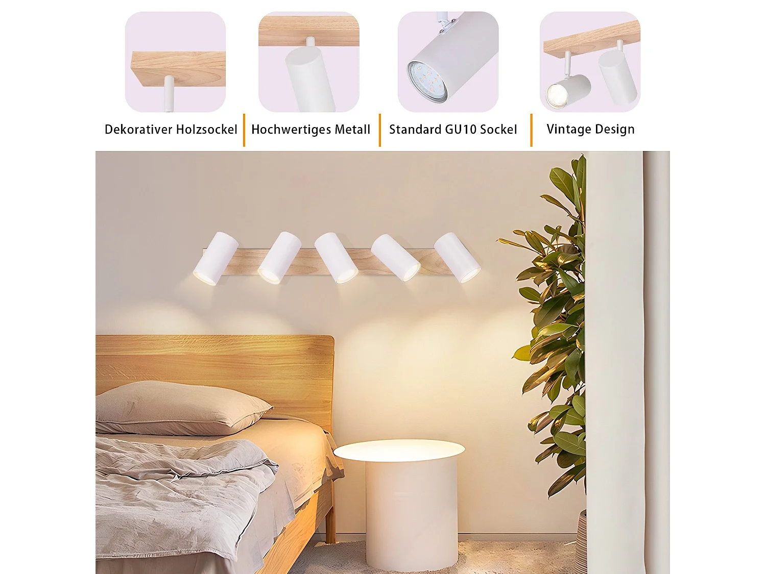 Nettlife Spot de Plafond 5 Flammes Bois Blanc Vintage GU10 Orientable 350° – Conception en bois massif – Très flexible – Utilisation multi-scènes