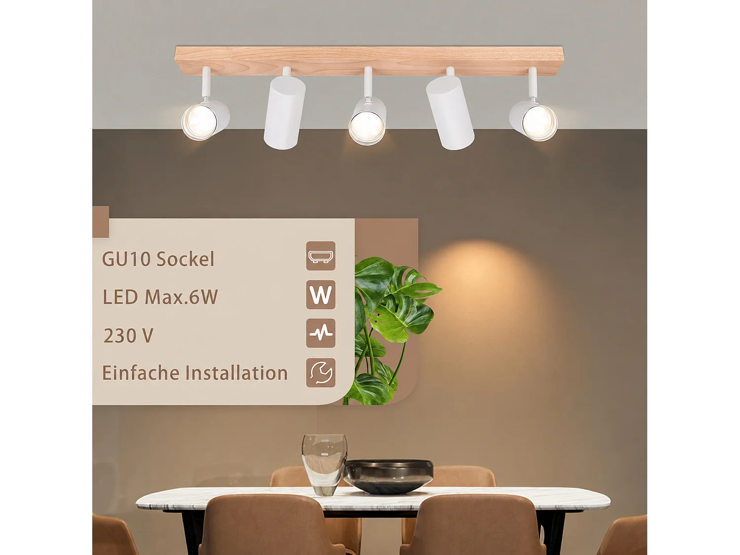 Nettlife Spot de Plafond 5 Flammes Bois Blanc Vintage GU10 Orientable 350° – Conception en bois massif – Très flexible – Utilisation multi-scènes
