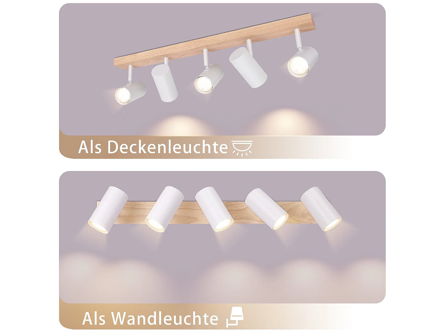 Nettlife Spot de Plafond 5 Flammes Bois Blanc Vintage GU10 Orientable 350° – Conception en bois massif – Très flexible – Utilisation multi-scènes