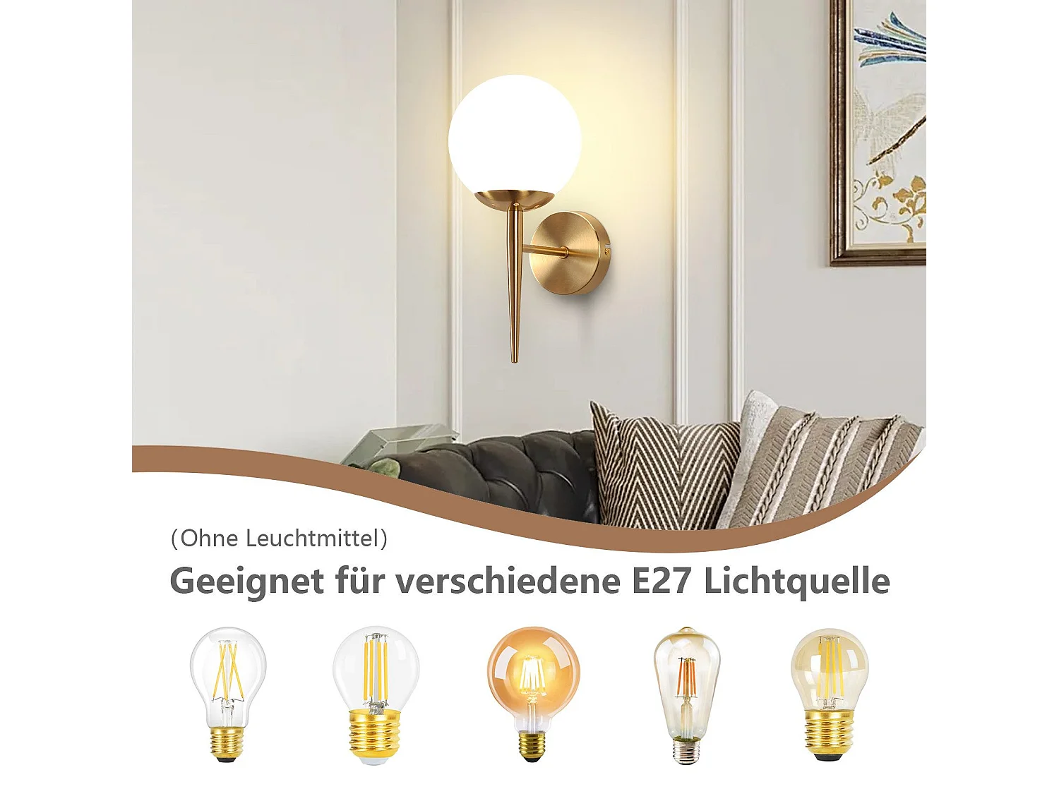 NETTLIFE Applique murale vintage boule de verre dorée E27 lampe murale d'intérieur chambre escalier