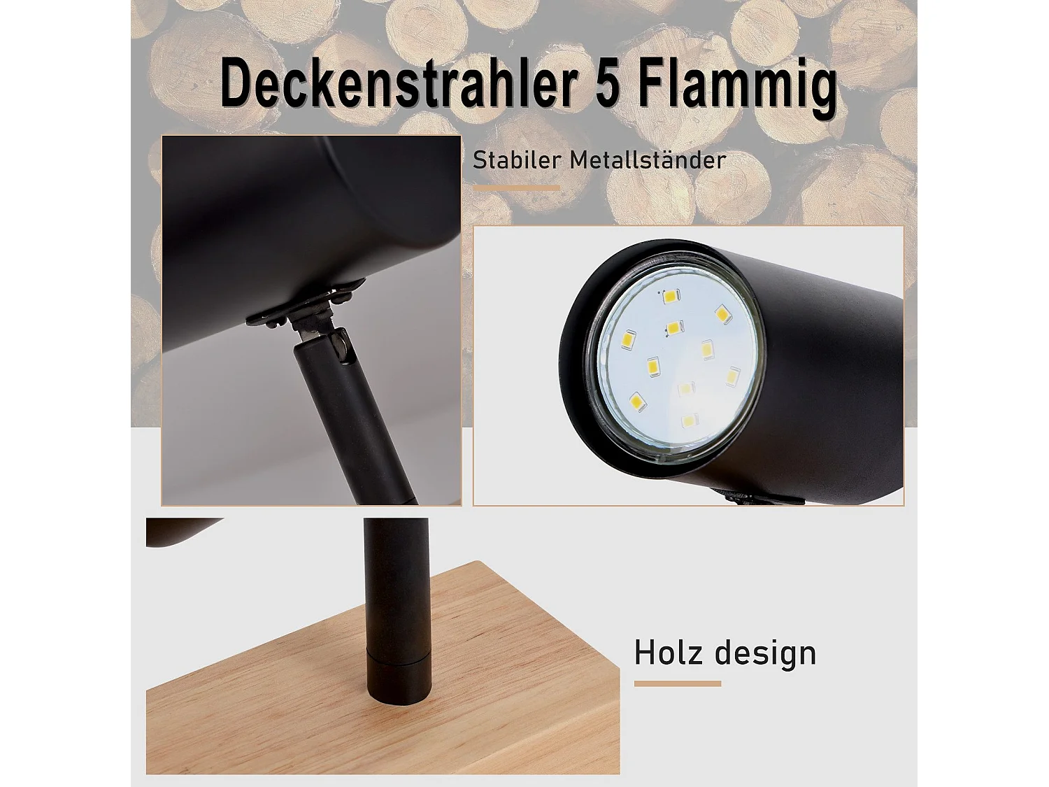 NETTLIFE 5-vlams plafondspot zwart hout vintage GU10 verstelbaar 350°