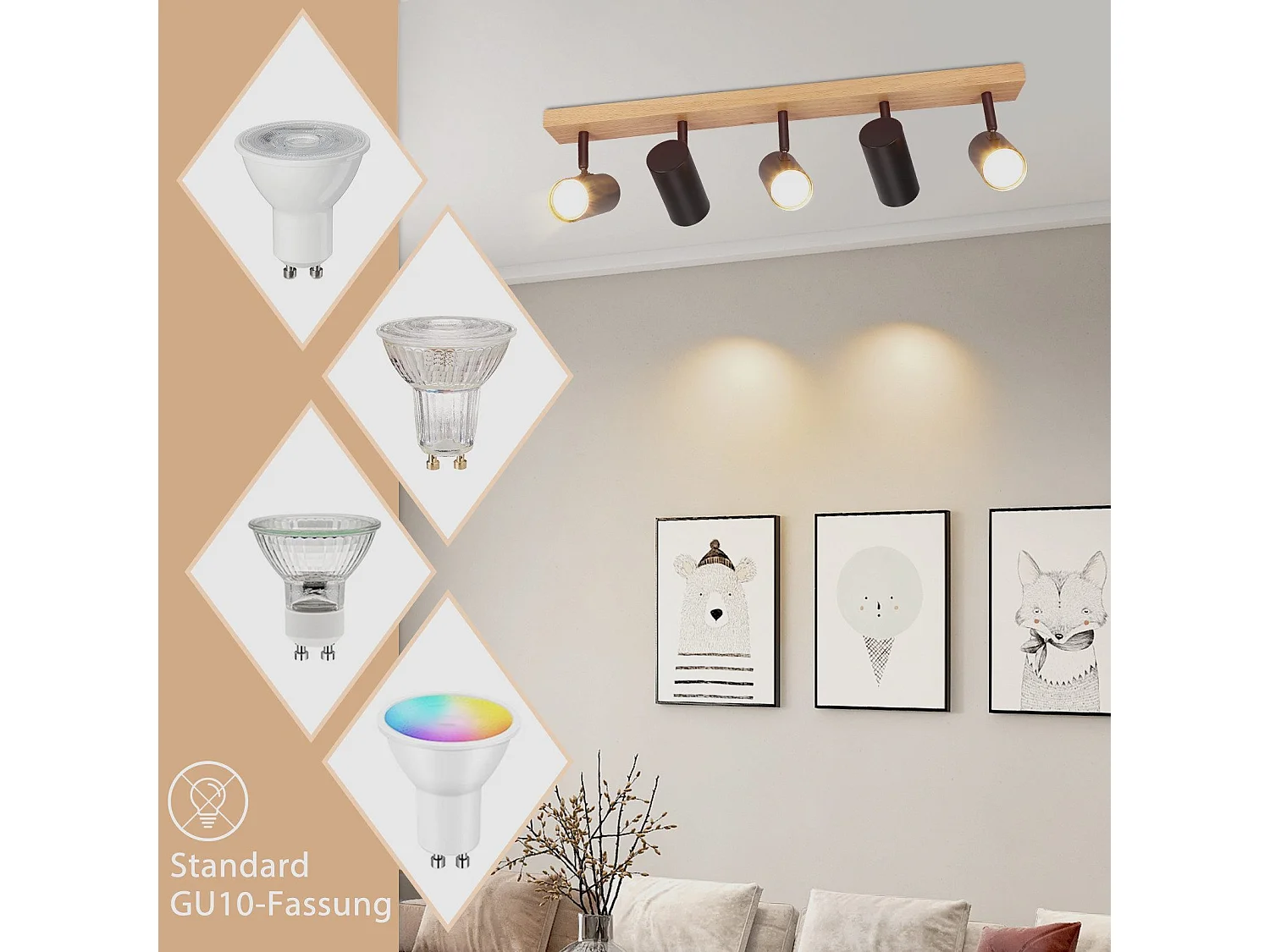 NETTLIFE 5-płomieniowy reflektor sufitowy czarny drewno vintage GU10 regulowany 350°