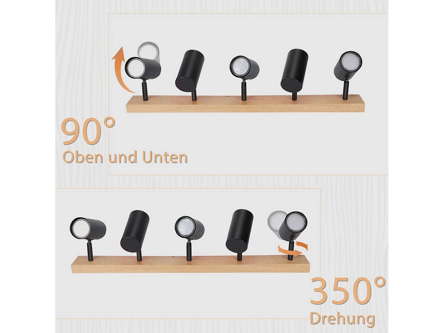 NETTLIFE 5-płomieniowy reflektor sufitowy czarny drewno vintage GU10 regulowany 350°