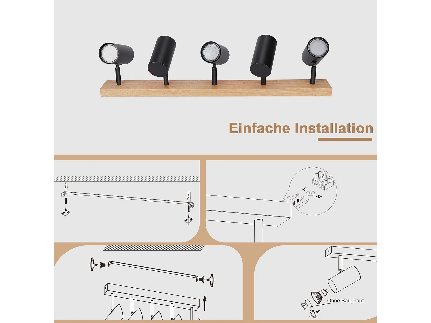 NETTLIFE 5-płomieniowy reflektor sufitowy czarny drewno vintage GU10 regulowany 350°