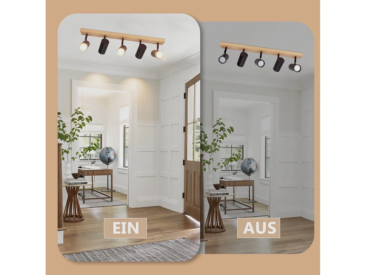 NETTLIFE 5-vlams plafondspot zwart hout vintage GU10 verstelbaar 350°